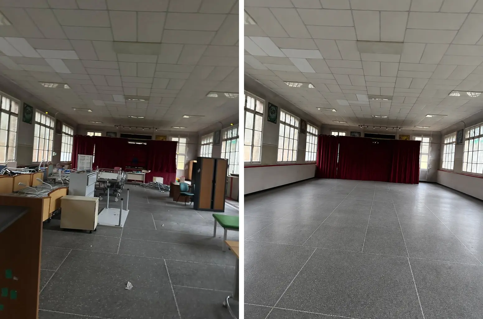 Salle d'un établissement de santé avant et après une intervention EcoTri Services : lits médicalisés, mobilier et cartons transformés en salle vide et propre